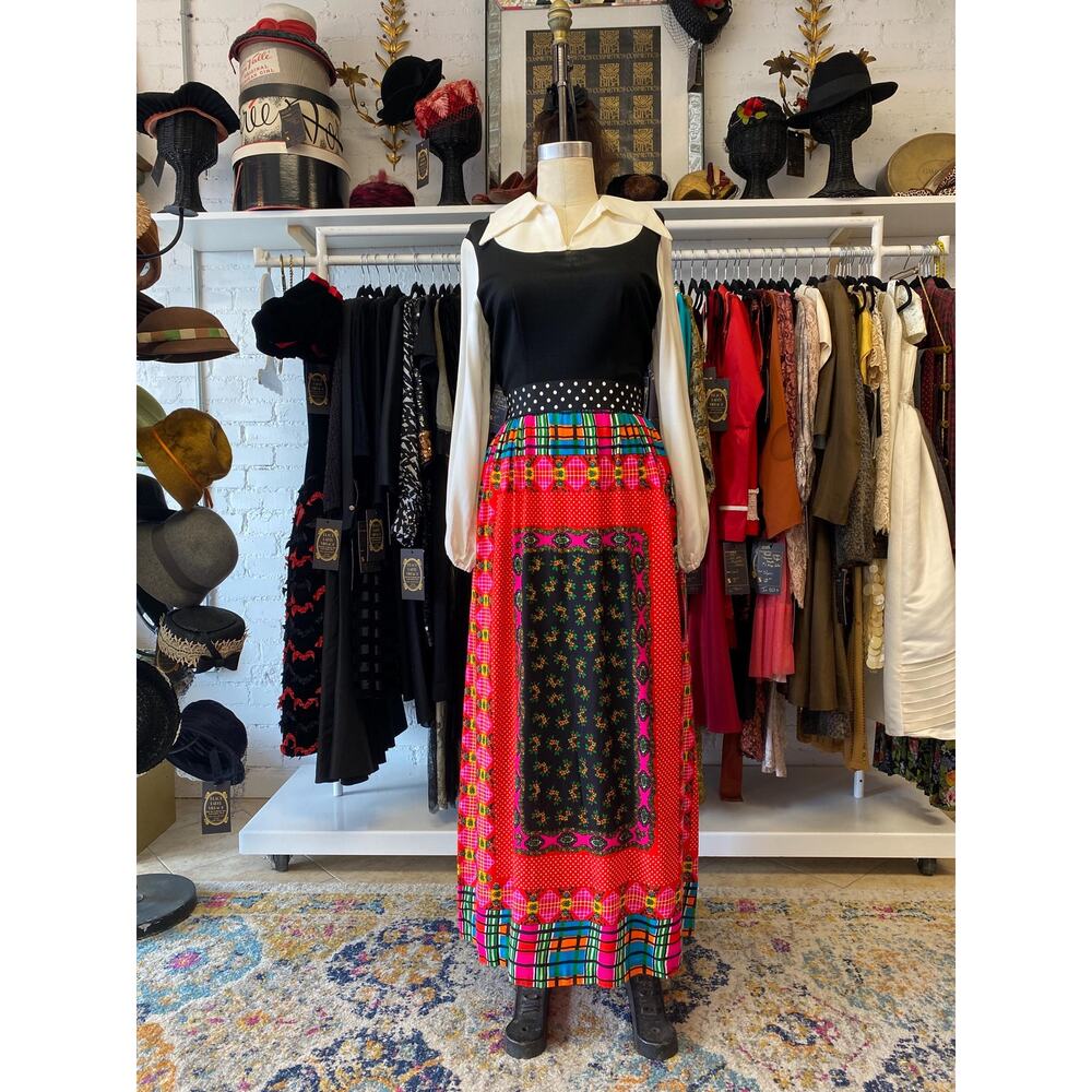 vintage 1970s pinafore style patchwork maxi dress, 1960s mod dress, medium 29